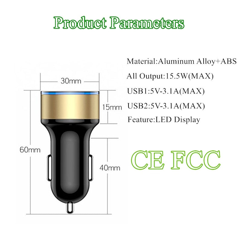 3.1A LED Display Dual USB Car Charger